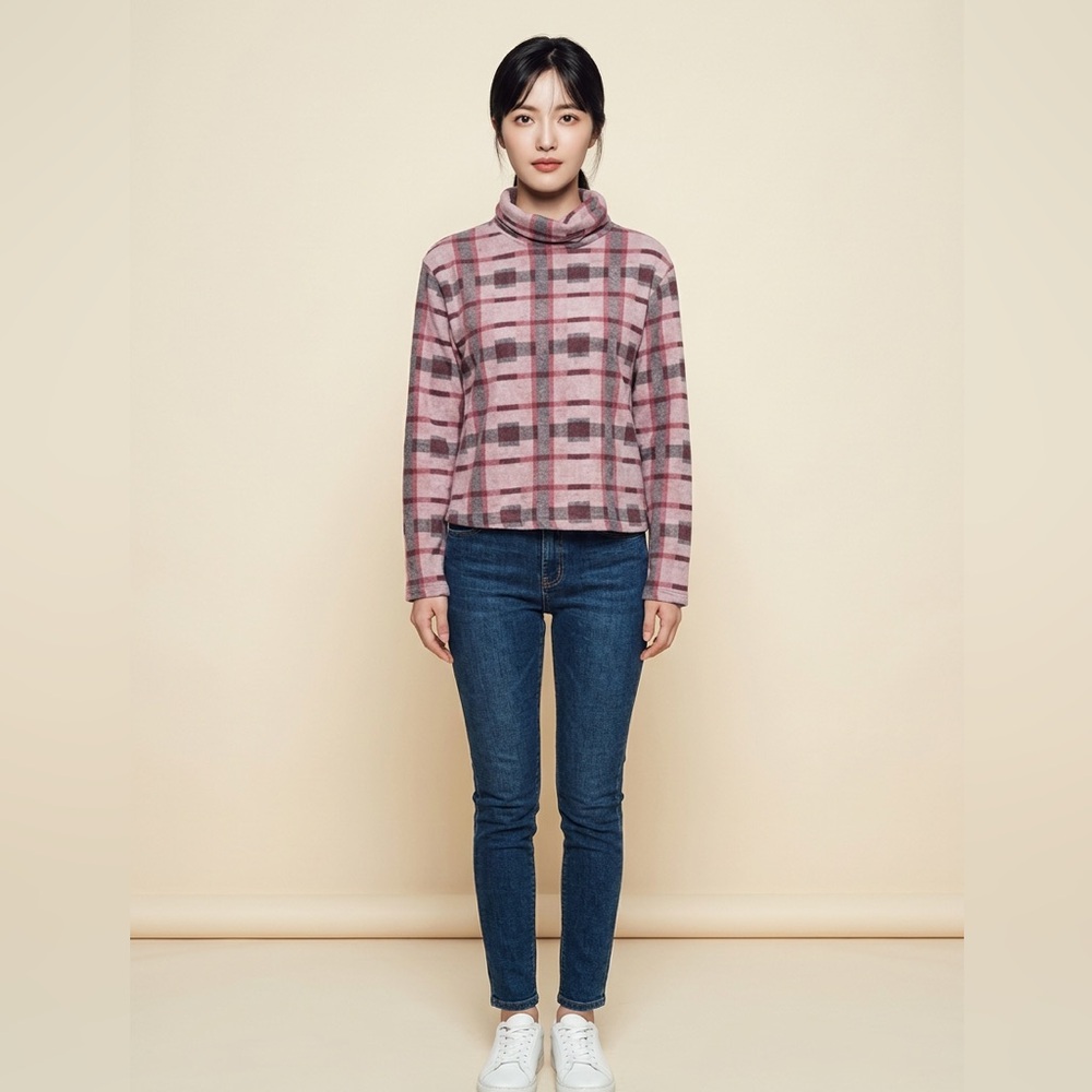 Ro & De Cowl Neck pink plaid  flannel Top